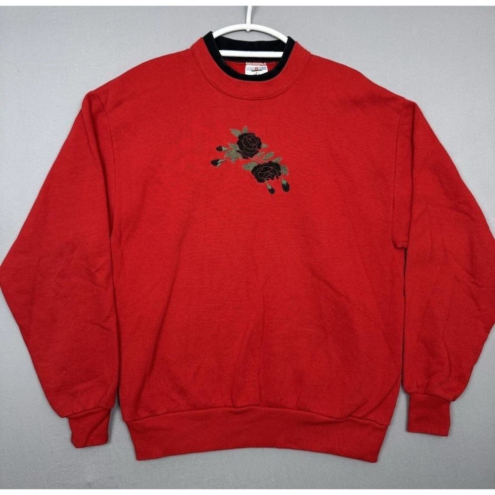 Vintage Black Rose Sweater Womens Medium Red Pullover Sweatshirt Retro 90s Y2K